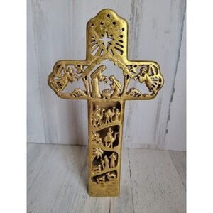 Standing nativity scene cross golden religious cherub home decor figure